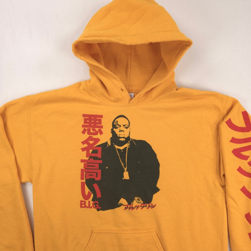 Notorious BIG Hoodie Mens M Yellow Biggie Smalls Japanese Kanji Hip Hop Gildan